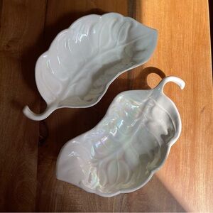 TWO Vintage Cal. Style Ceramic Pottery 2228 White Iridescent Leaf Serving Bowls